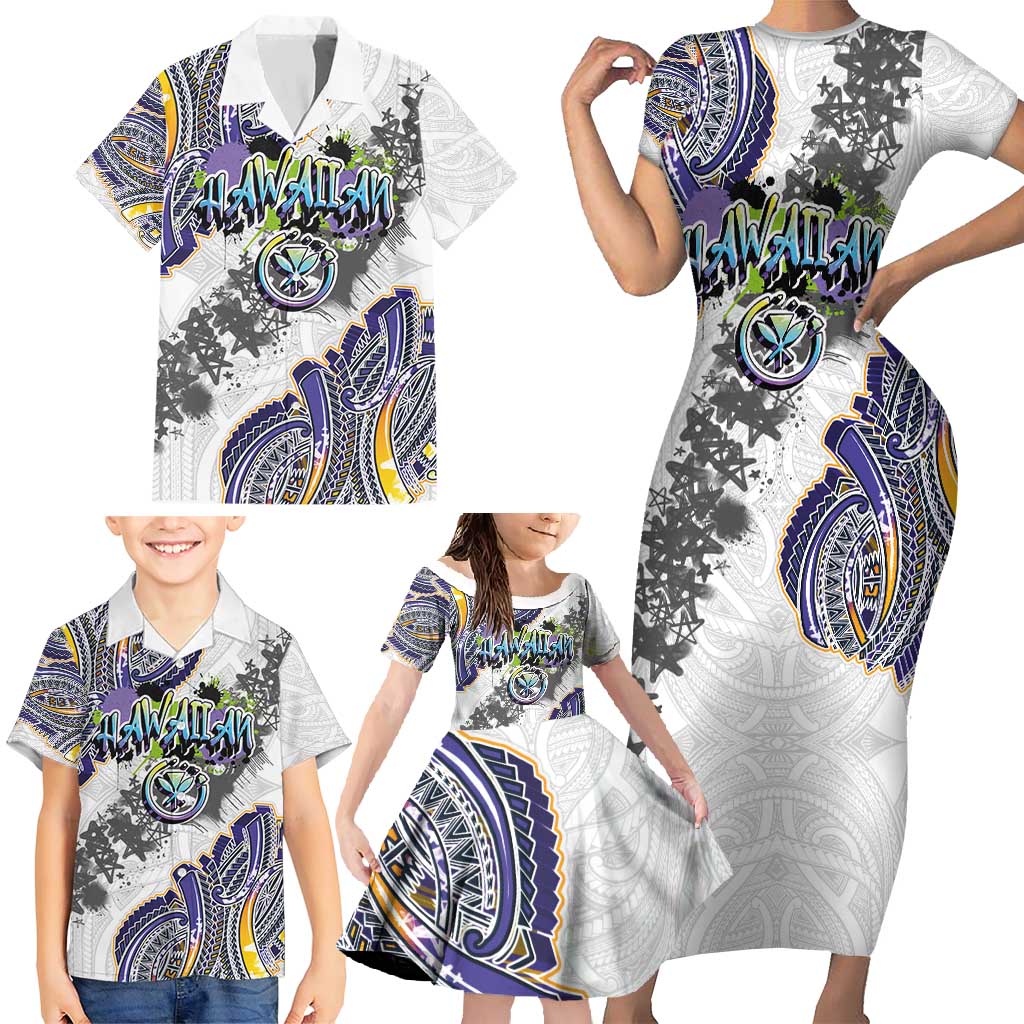 Traditional Art Hawaiian Kakau Tattoos Family Matching Short Sleeve Bodycon Dress and Hawaiian Shirt Graffiti Style - Polynesian Pride