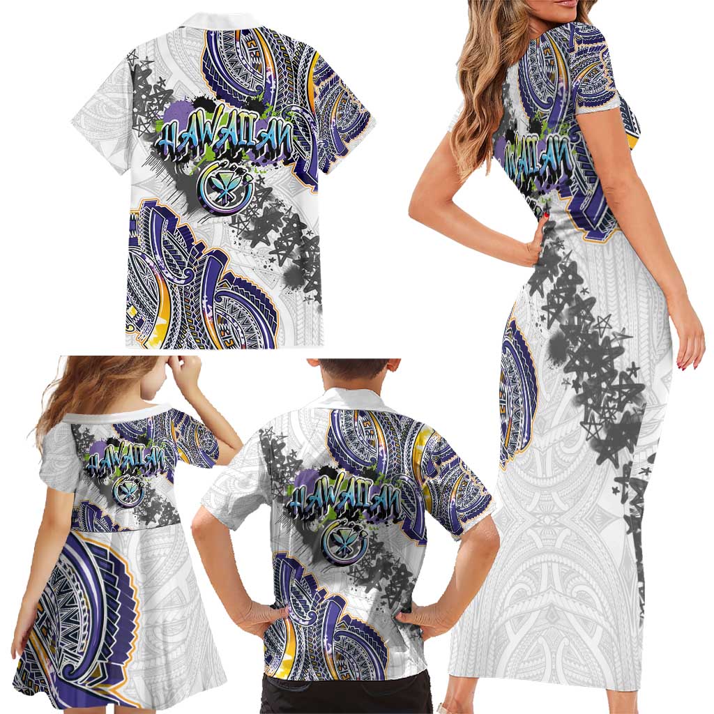 Traditional Art Hawaiian Kakau Tattoos Family Matching Short Sleeve Bodycon Dress and Hawaiian Shirt Graffiti Style - Polynesian Pride