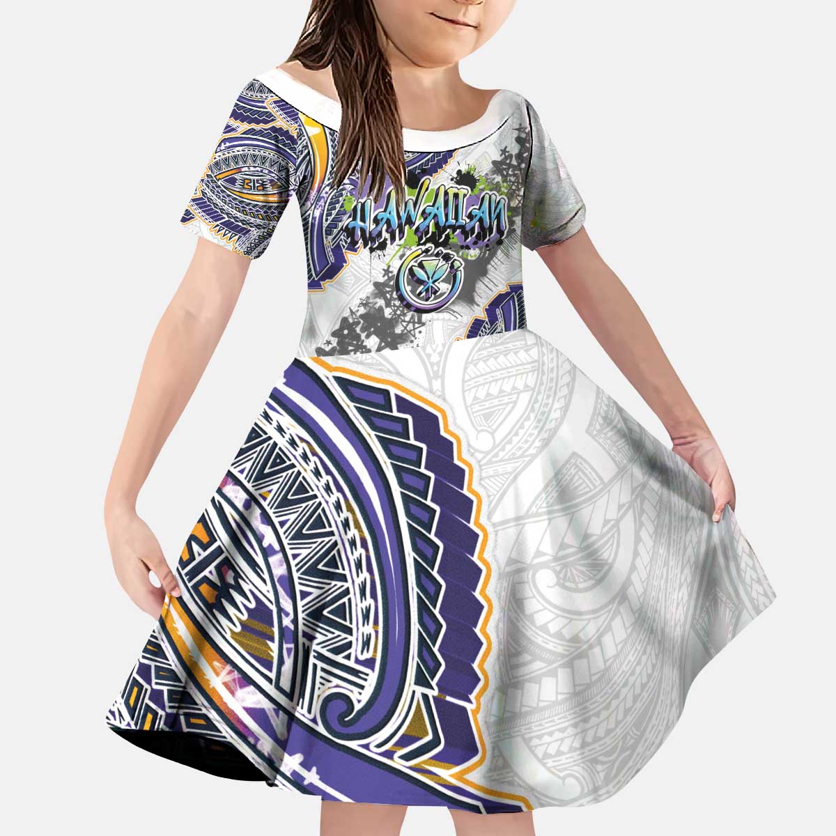 Traditional Art Hawaiian Kakau Tattoos Kid Short Sleeve Dress Graffiti Style - Polynesian Pride