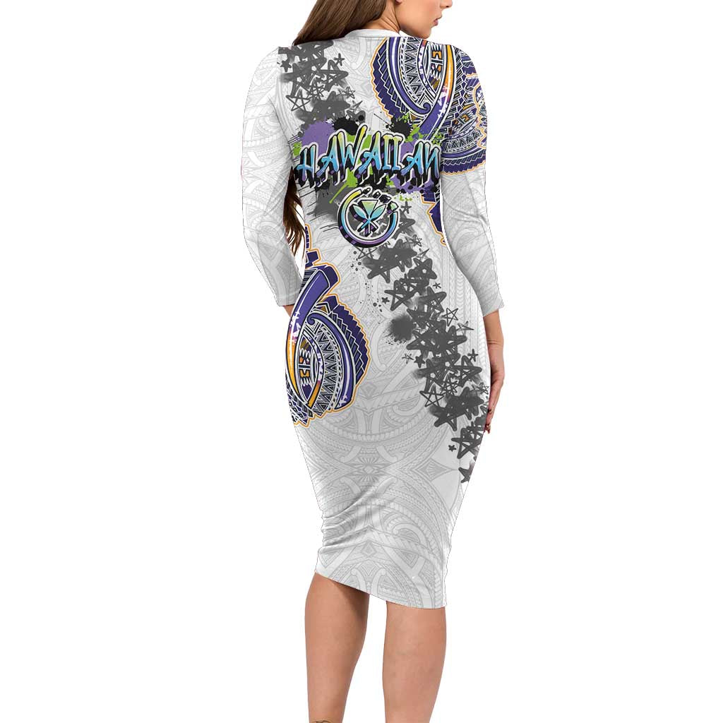Traditional Art Hawaiian Kakau Tattoos Long Sleeve Bodycon Dress Graffiti Style - Polynesian Pride