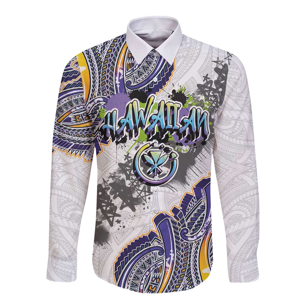 Traditional Art Hawaiian Kakau Tattoos Long Sleeve Button Shirt Graffiti Style LT03 Unisex White - Polynesian Pride