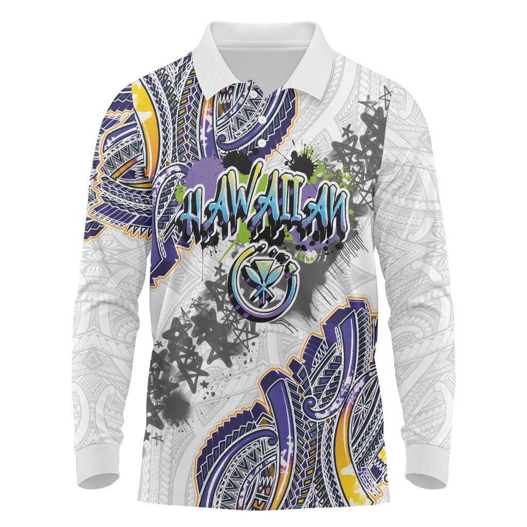 Traditional Art Hawaiian Kakau Tattoos Long Sleeve Polo Shirt Graffiti Style LT03 White - Polynesian Pride