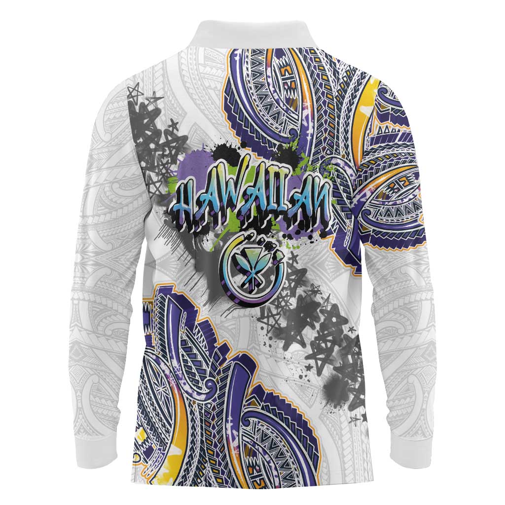 Traditional Art Hawaiian Kakau Tattoos Long Sleeve Polo Shirt Graffiti Style LT03 - Polynesian Pride