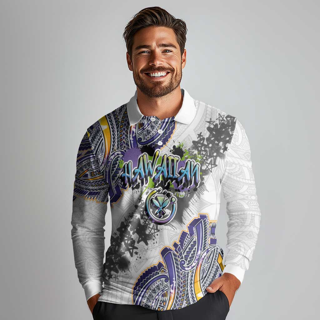Traditional Art Hawaiian Kakau Tattoos Long Sleeve Polo Shirt Graffiti Style LT03 - Polynesian Pride