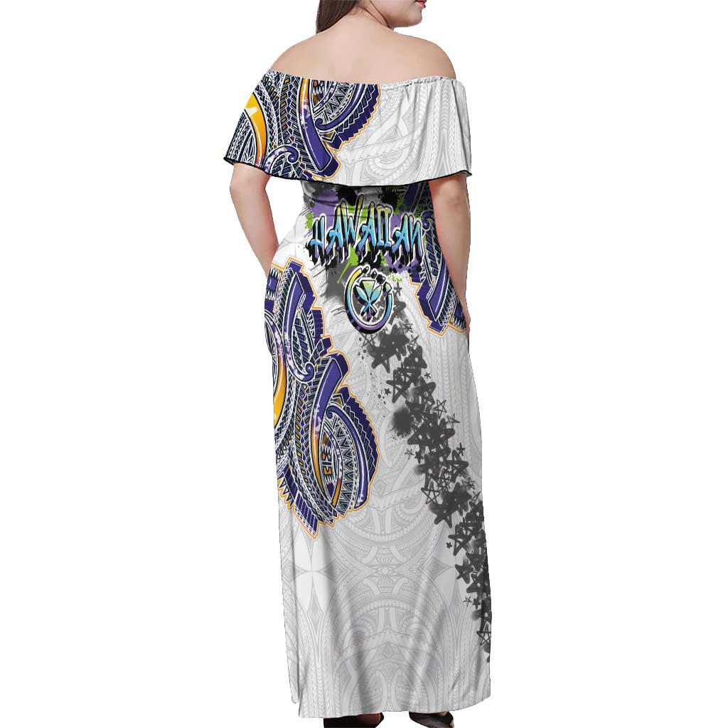 Traditional Art Hawaiian Kakau Tattoos Off Shoulder Maxi Dress Graffiti Style - Polynesian Pride