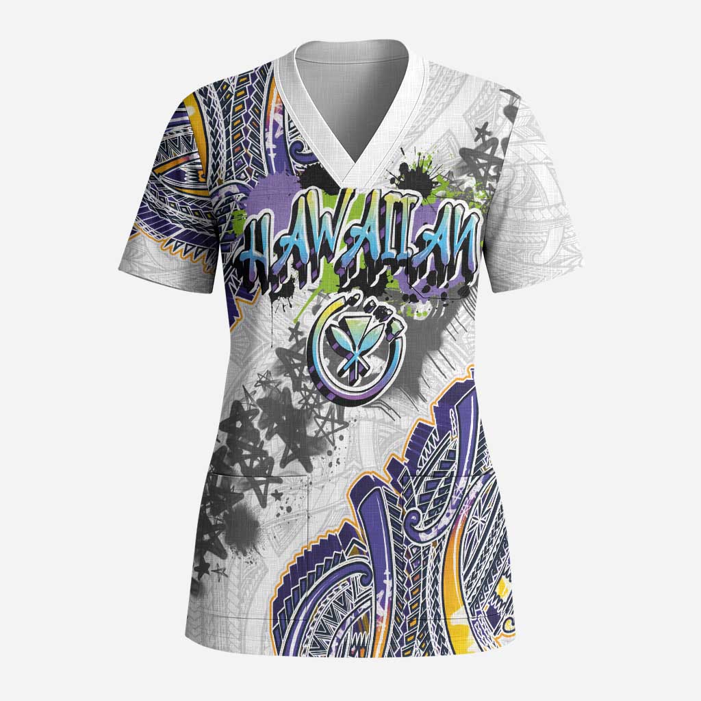 Traditional Art Hawaiian Kakau Tattoos Scrub Top Graffiti Style LT03 Adult White - Polynesian Pride