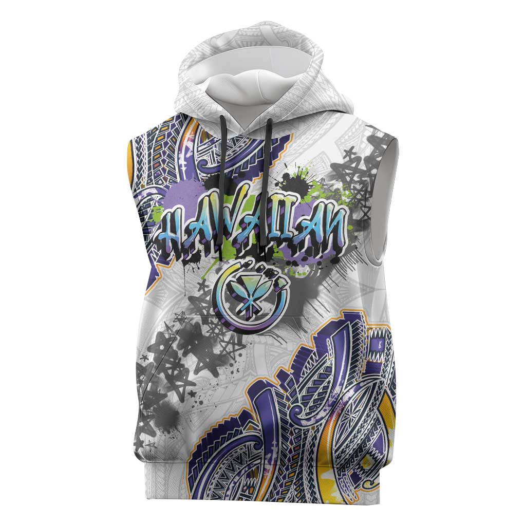 Traditional Art Hawaiian Kakau Tattoos Sleeveless Hoodie Graffiti Style LT03 White - Polynesian Pride