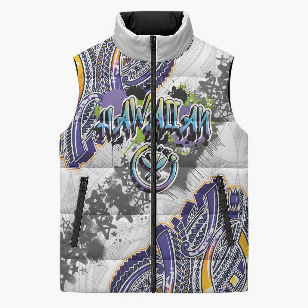 Traditional Art Hawaiian Kakau Tattoos Sleeveless Puffer Jacket Graffiti Style LT03 Unisex White - Polynesian Pride