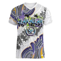 Traditional Art Hawaiian Kakau Tattoos Women V-Neck T-Shirt Graffiti Style LT03 Female White - Polynesian Pride