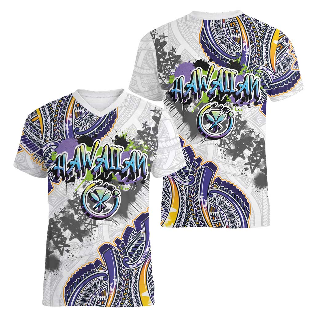 Traditional Art Hawaiian Kakau Tattoos Women V-Neck T-Shirt Graffiti Style LT03 - Polynesian Pride