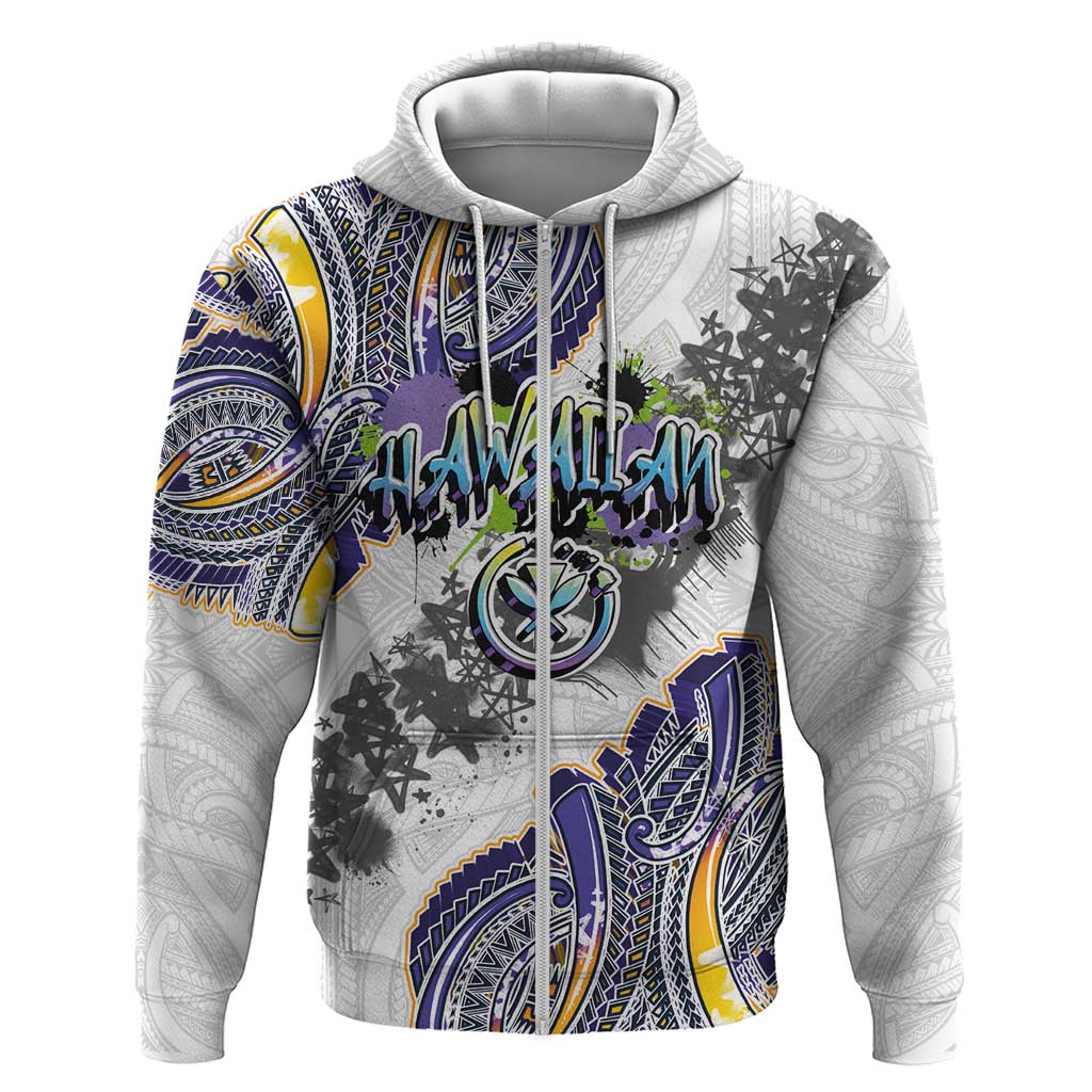Traditional Art Hawaiian Kakau Tattoos Zip Hoodie Graffiti Style LT03 Zip Hoodie White - Polynesian Pride