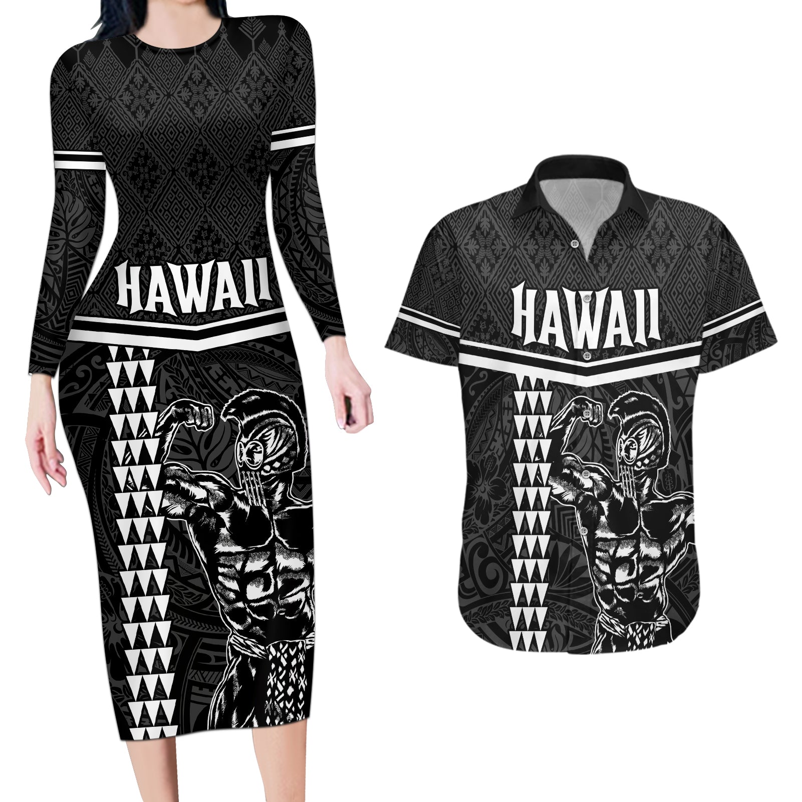 Custom Hawaii Warrior Couples Matching Long Sleeve Bodycon Dress and Hawaiian Shirt Kakau Quilt Pattern LT03 Black - Polynesian Pride