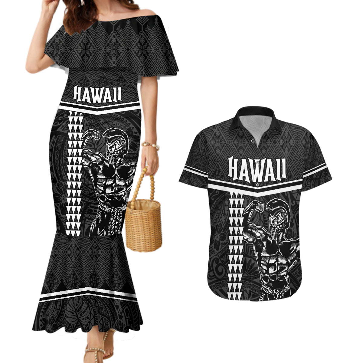 Custom Hawaii Warrior Couples Matching Mermaid Dress and Hawaiian Shirt Kakau Quilt Pattern LT03 Black - Polynesian Pride