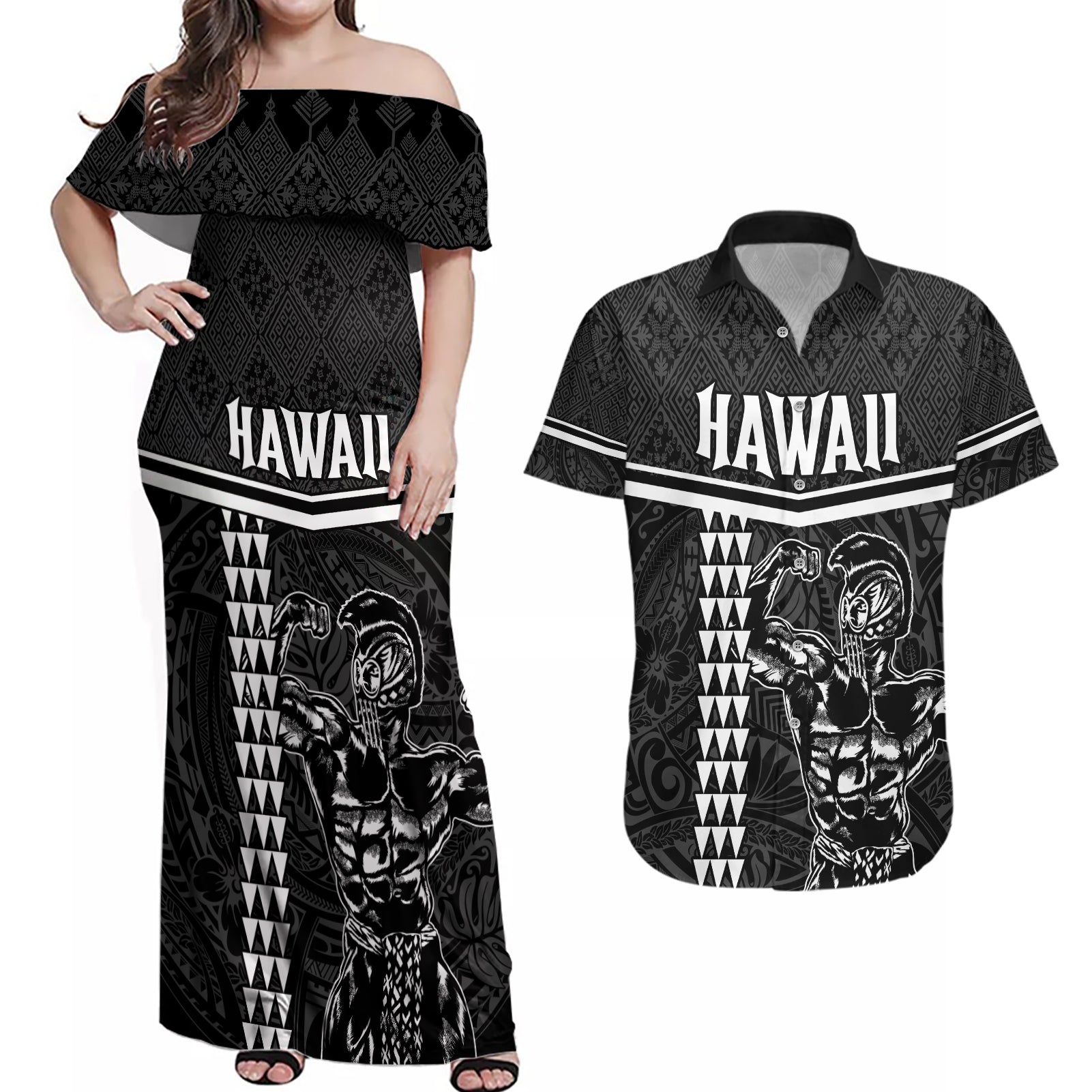 Custom Hawaii Warrior Couples Matching Off Shoulder Maxi Dress and Hawaiian Shirt Kakau Quilt Pattern LT03 Black - Polynesian Pride