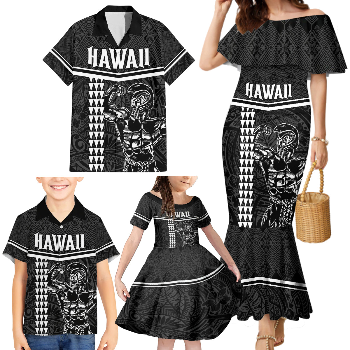 Custom Hawaii Warrior Family Matching Mermaid Dress and Hawaiian Shirt Kakau Quilt Pattern LT03 - Polynesian Pride