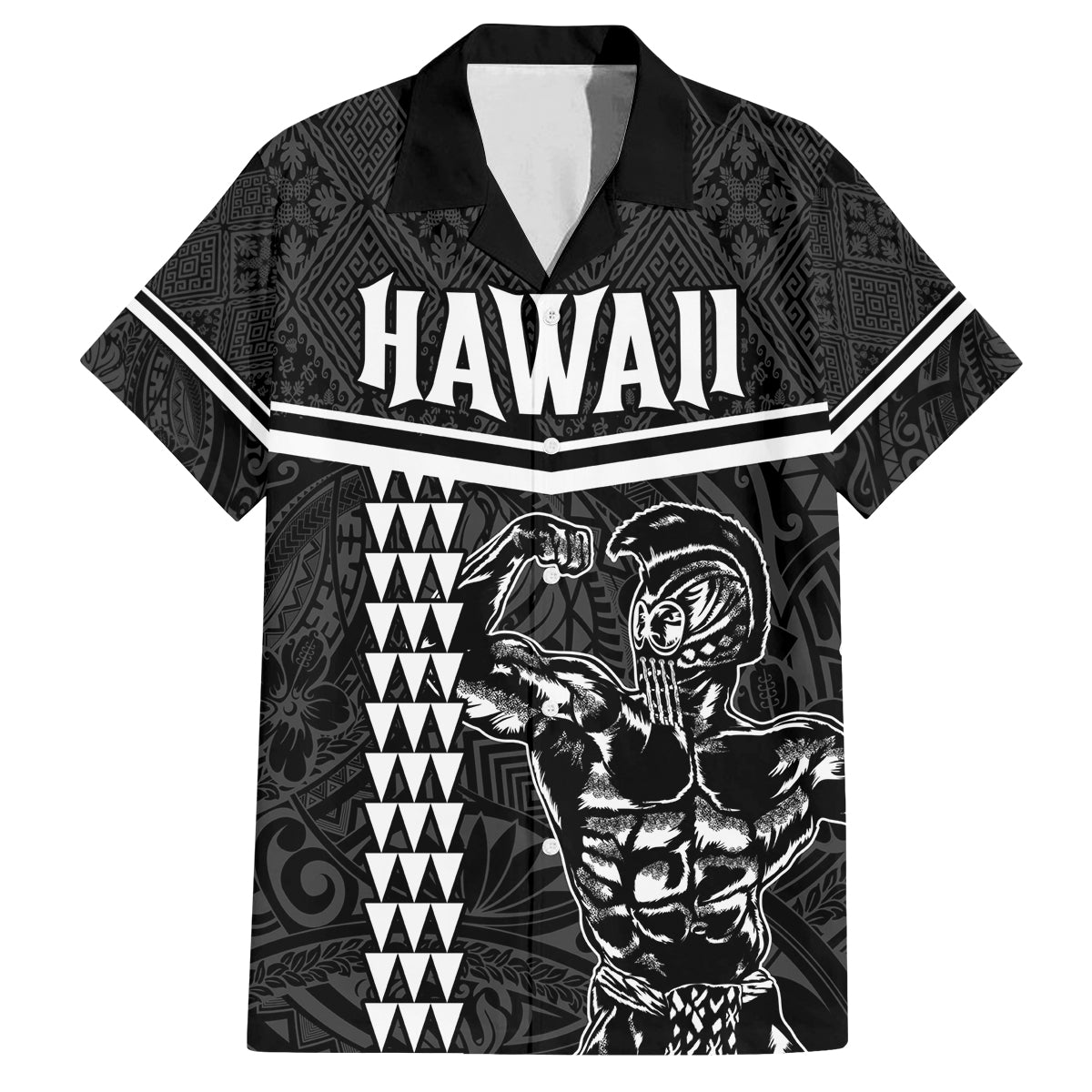 Custom Hawaii Warrior Family Matching Off Shoulder Maxi Dress and Hawaiian Shirt Kakau Quilt Pattern LT03 Dad's Shirt - Short Sleeve Black - Polynesian Pride