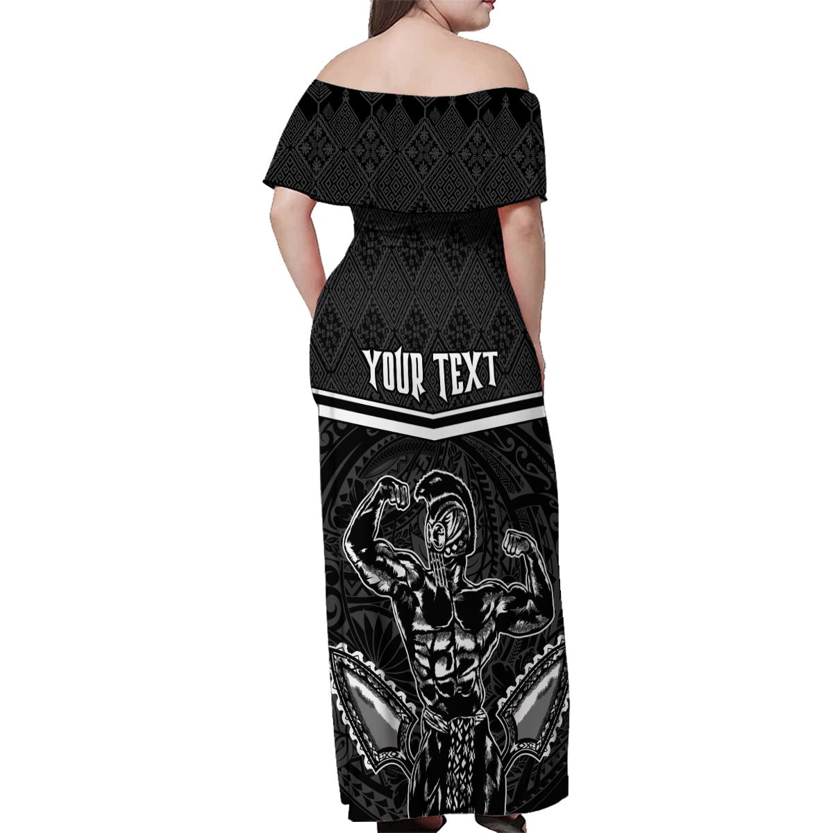 Custom Hawaii Warrior Family Matching Off Shoulder Maxi Dress and Hawaiian Shirt Kakau Quilt Pattern LT03 - Polynesian Pride