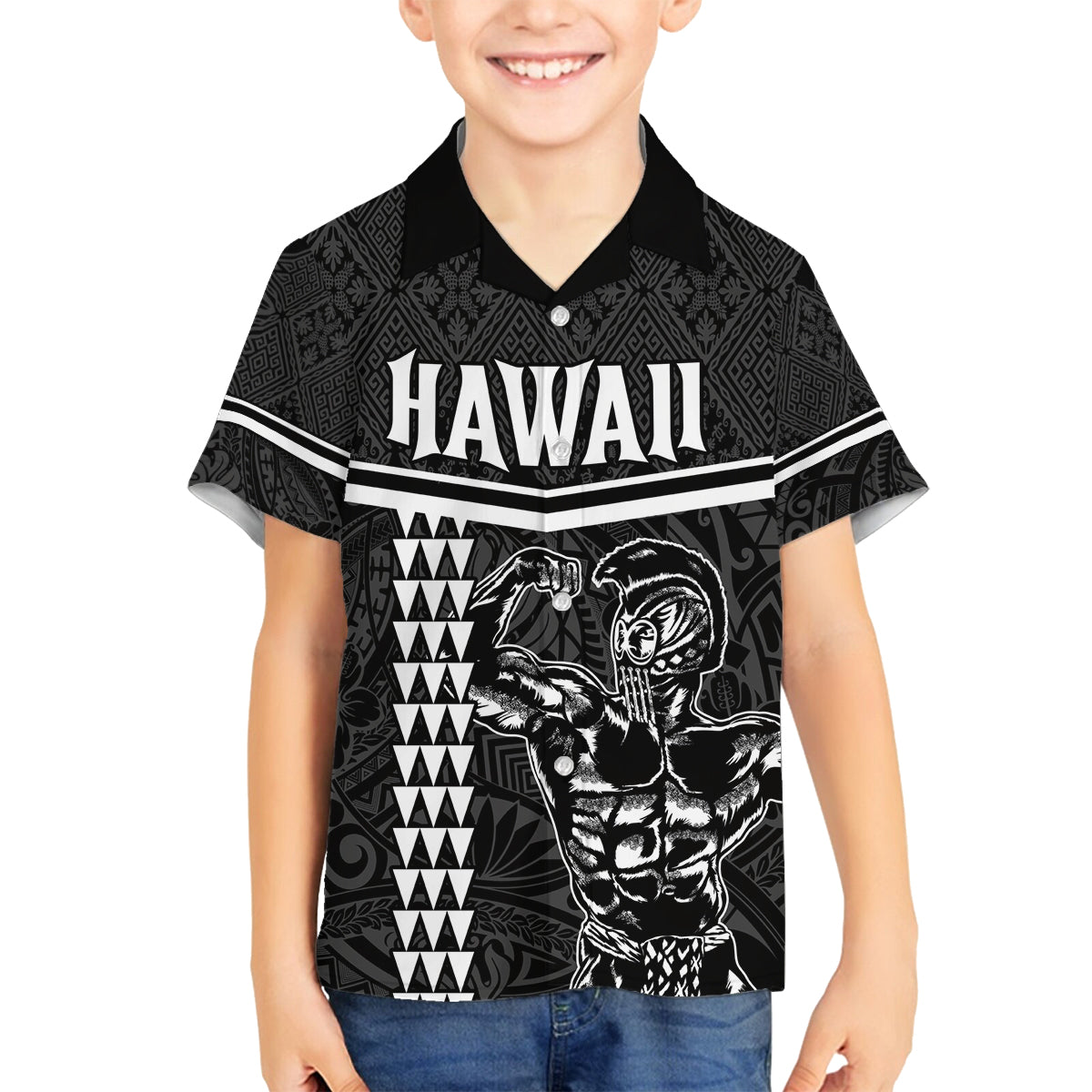 Custom Hawaii Warrior Family Matching Off Shoulder Short Dress and Hawaiian Shirt Kakau Quilt Pattern LT03 Son's Shirt Black - Polynesian Pride