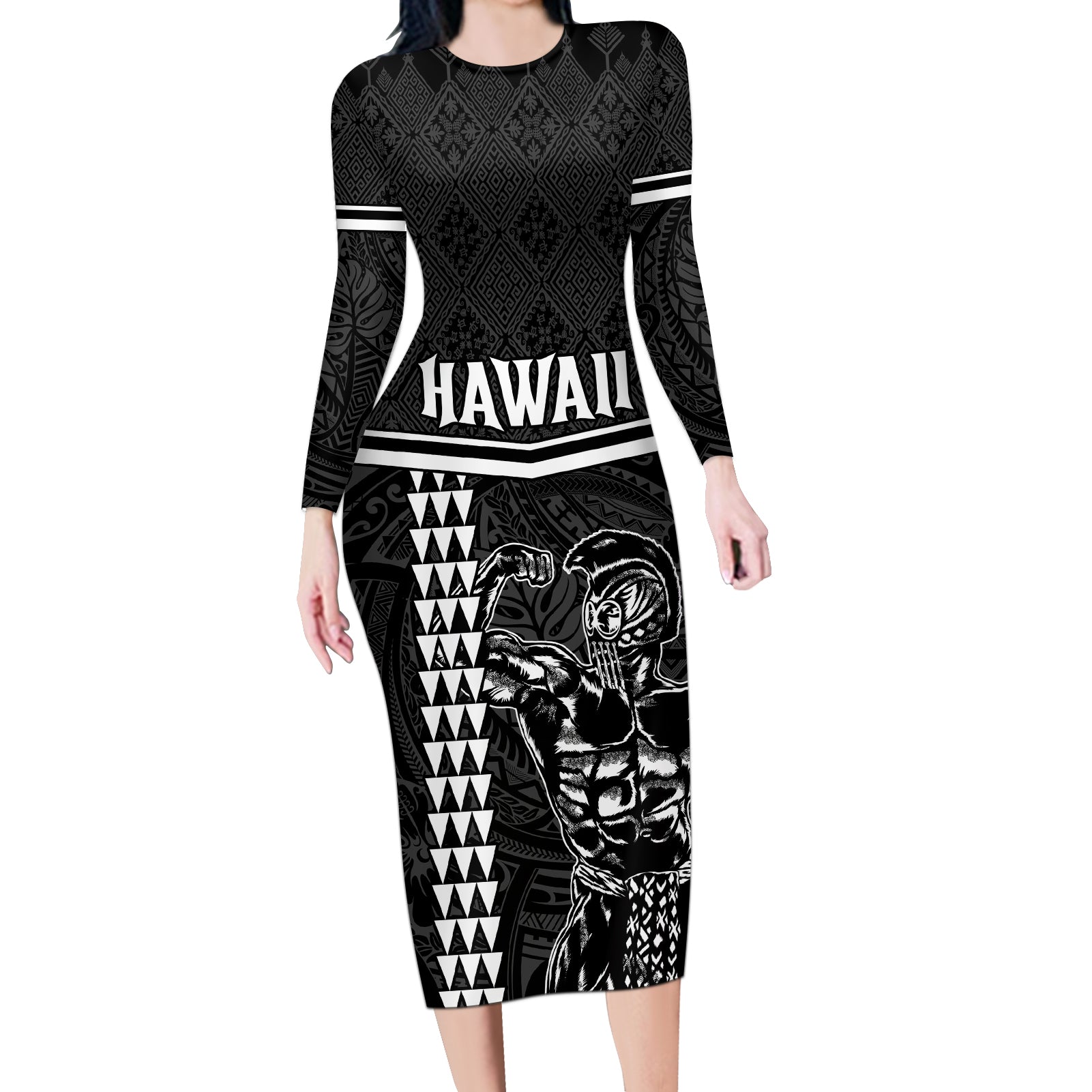 Custom Hawaii Warrior Long Sleeve Bodycon Dress Kakau Quilt Pattern LT03 Long Dress Black - Polynesian Pride