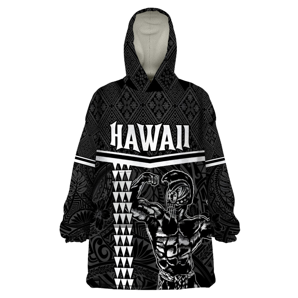 Custom Hawaii Warrior Wearable Blanket Hoodie Kakau Quilt Pattern LT03 One Size Black - Polynesian Pride