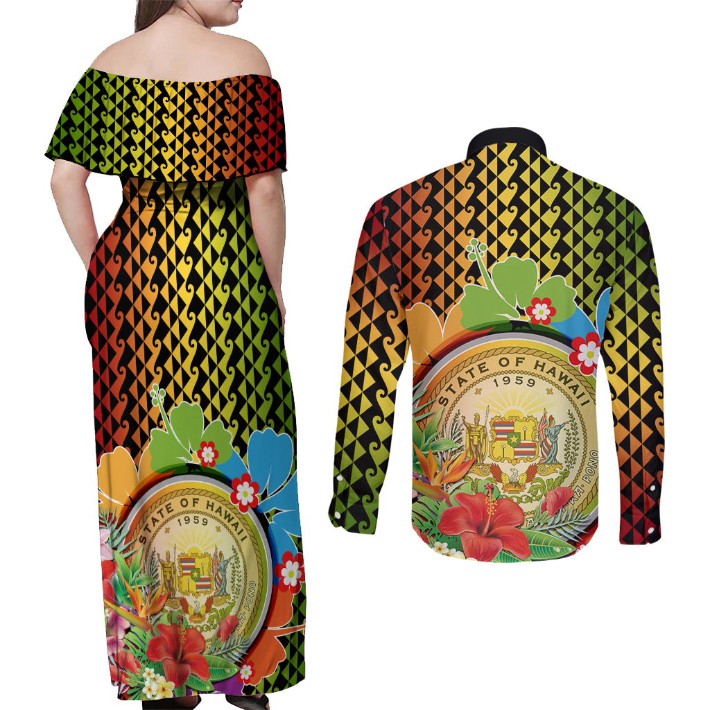 Hawaii Womens Day Wahine Couples Matching Off Shoulder Maxi Dress and Long Sleeve Button Shirt Strong Beautiful Woman with Kakau Style LT03 - Polynesian Pride