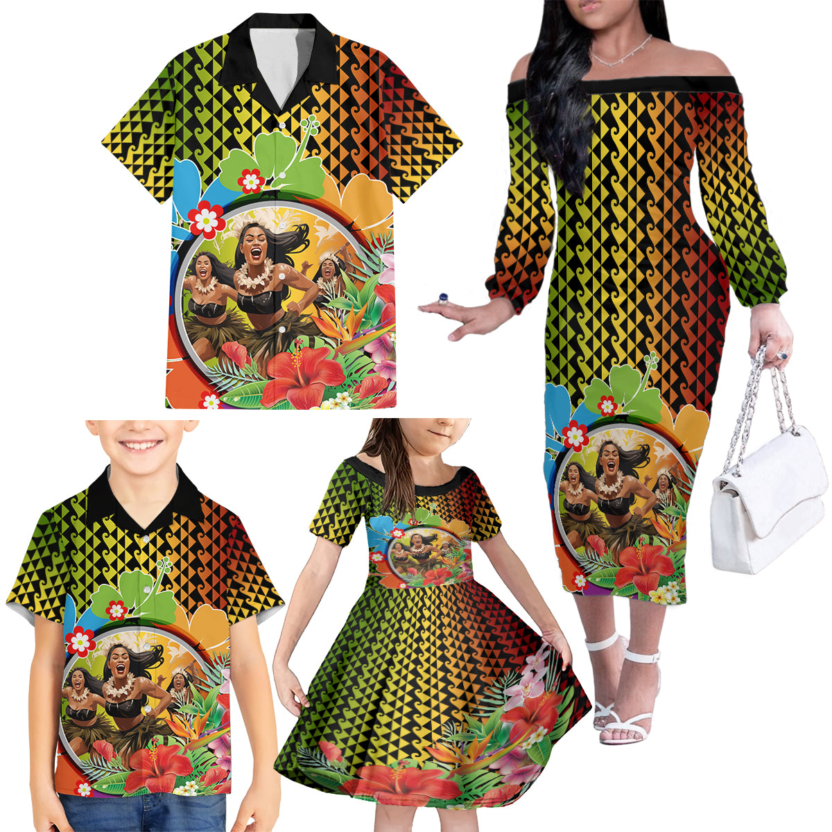 Hawaii Womens Day Wahine Family Matching Off Shoulder Long Sleeve Dress and Hawaiian Shirt Strong Beautiful Woman with Kakau Style LT03 - Polynesian Pride