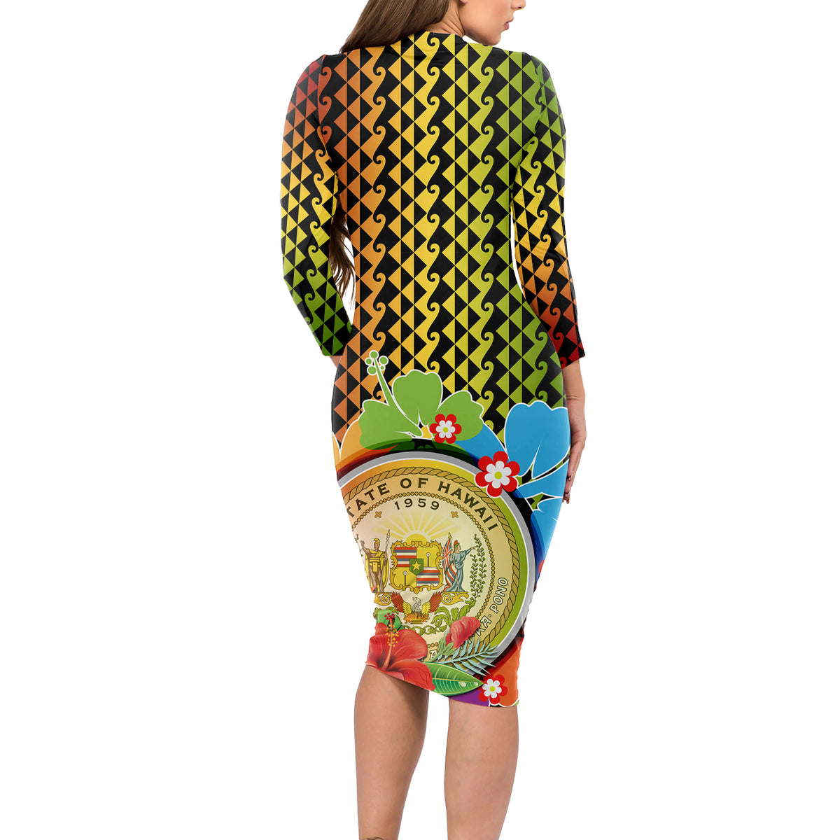 Hawaii Womens Day Wahine Long Sleeve Bodycon Dress Strong Beautiful Woman with Kakau Style LT03 - Polynesian Pride