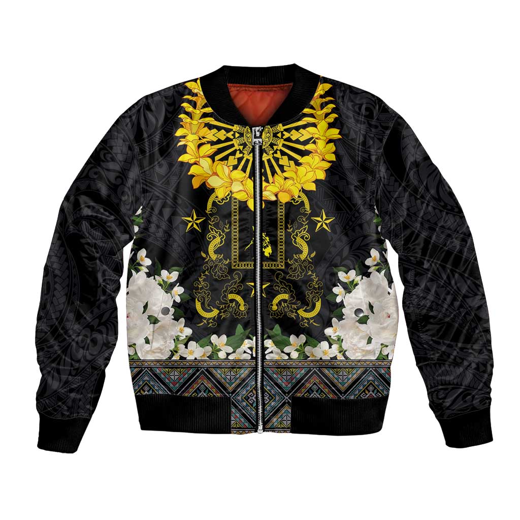 Flores de Mayo and Filipino Fiesta Bomber Jacket The Sun-Jasmine and Polynesian Yakan Tattoo Barong Style