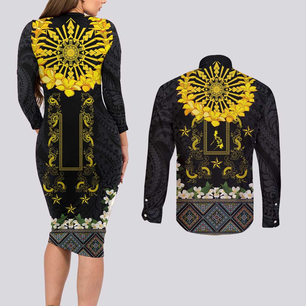 Flores de Mayo and Filipino Fiesta Couples Matching Long Sleeve Bodycon Dress and Long Sleeve Button Shirt The Sun-Jasmine and Polynesian Yakan Tattoo Barong Style