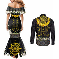 Flores de Mayo and Filipino Fiesta Couples Matching Mermaid Dress and Long Sleeve Button Shirt The Sun-Jasmine and Polynesian Yakan Tattoo Barong Style