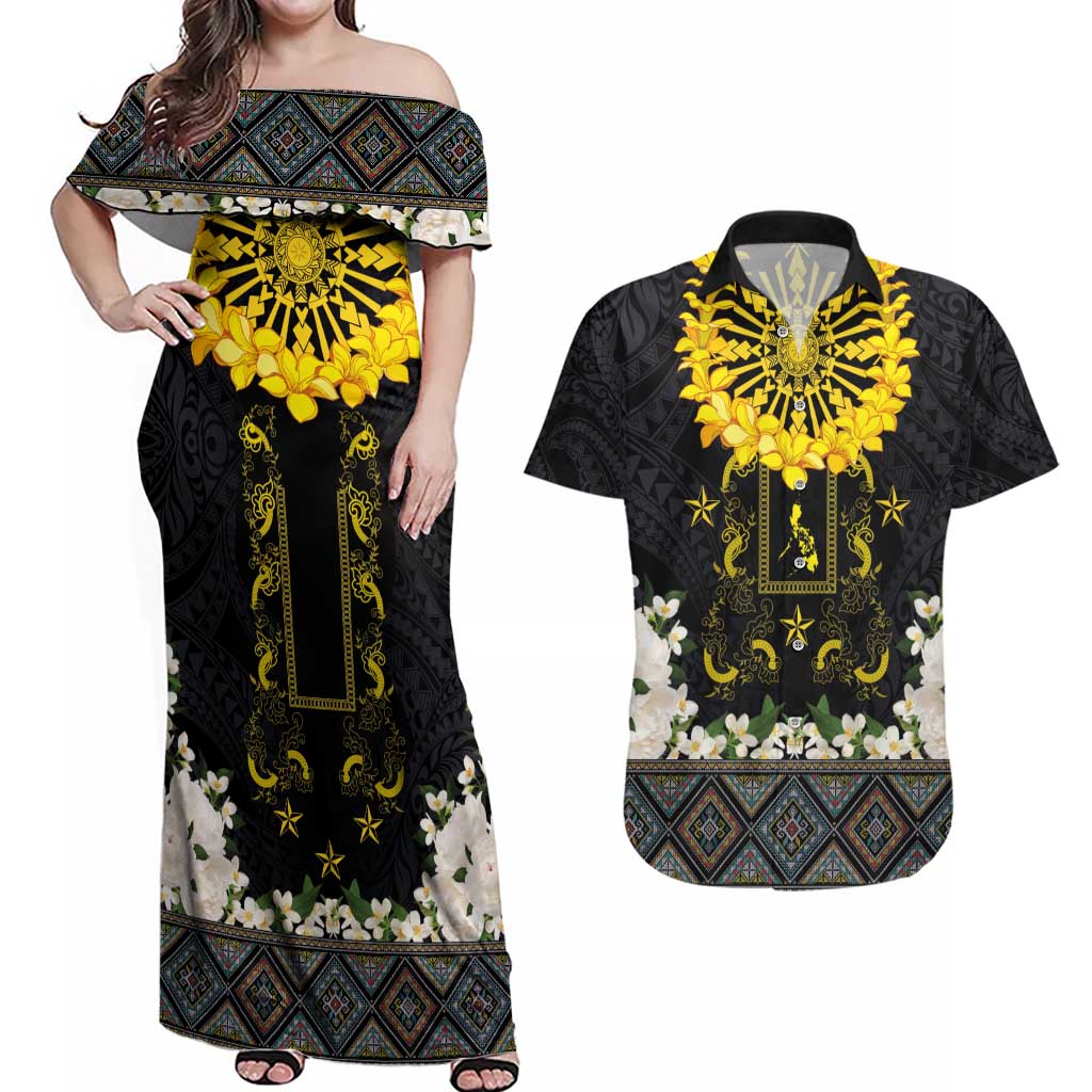 Flores de Mayo and Filipino Fiesta Couples Matching Off Shoulder Maxi Dress and Hawaiian Shirt The Sun-Jasmine and Polynesian Yakan Tattoo Barong Style LT03 Black - Polynesian Pride