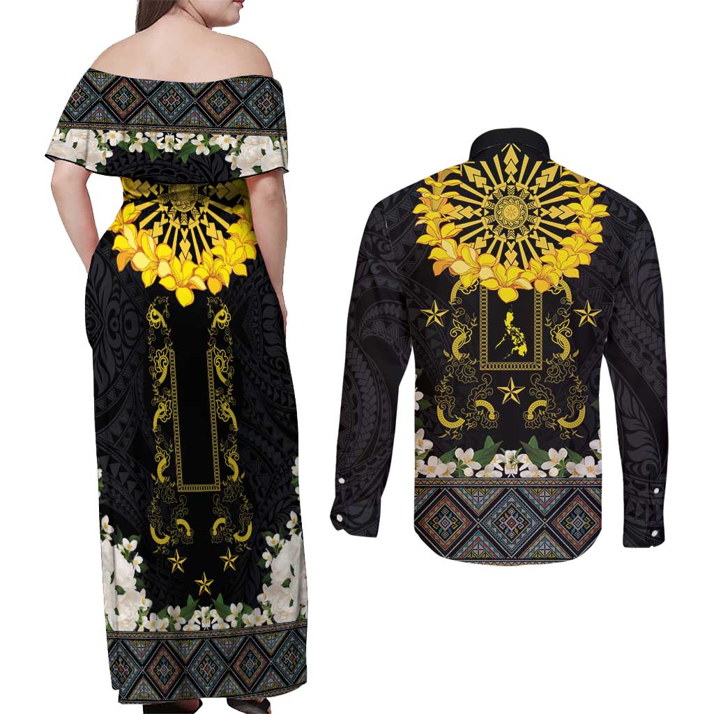 Flores de Mayo and Filipino Fiesta Couples Matching Off Shoulder Maxi Dress and Long Sleeve Button Shirt The Sun-Jasmine and Polynesian Yakan Tattoo Barong Style