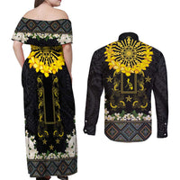 Flores de Mayo and Filipino Fiesta Couples Matching Off Shoulder Maxi Dress and Long Sleeve Button Shirt The Sun-Jasmine and Polynesian Yakan Tattoo Barong Style