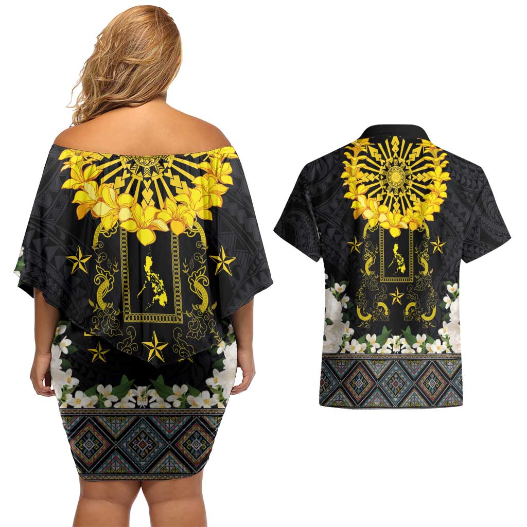 Flores de Mayo and Filipino Fiesta Couples Matching Off Shoulder Short Dress and Hawaiian Shirt The Sun-Jasmine and Polynesian Yakan Tattoo Barong Style