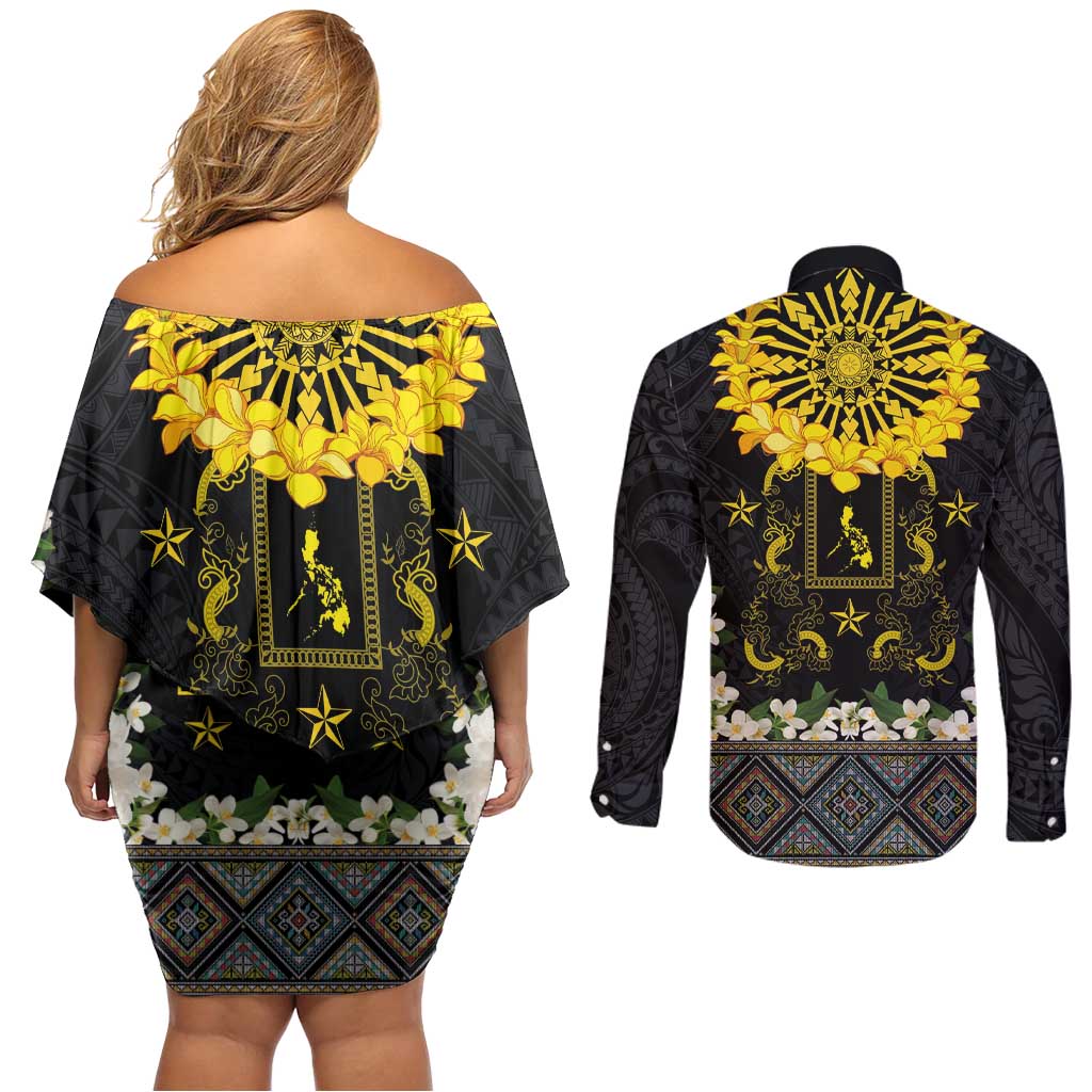 Flores de Mayo and Filipino Fiesta Couples Matching Off Shoulder Short Dress and Long Sleeve Button Shirt The Sun-Jasmine and Polynesian Yakan Tattoo Barong Style