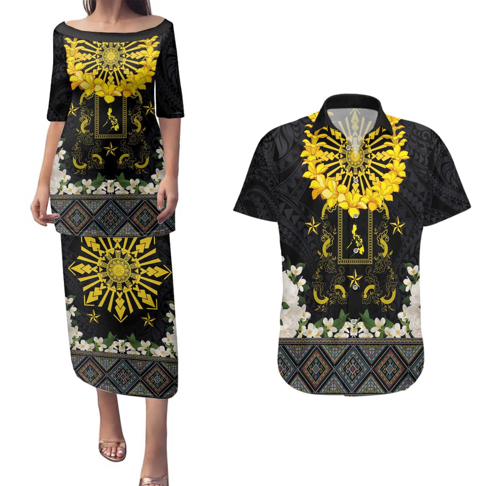 Flores de Mayo and Filipino Fiesta Couples Matching Puletasi and Hawaiian Shirt The Sun-Jasmine and Polynesian Yakan Tattoo Barong Style LT03 Black - Polynesian Pride