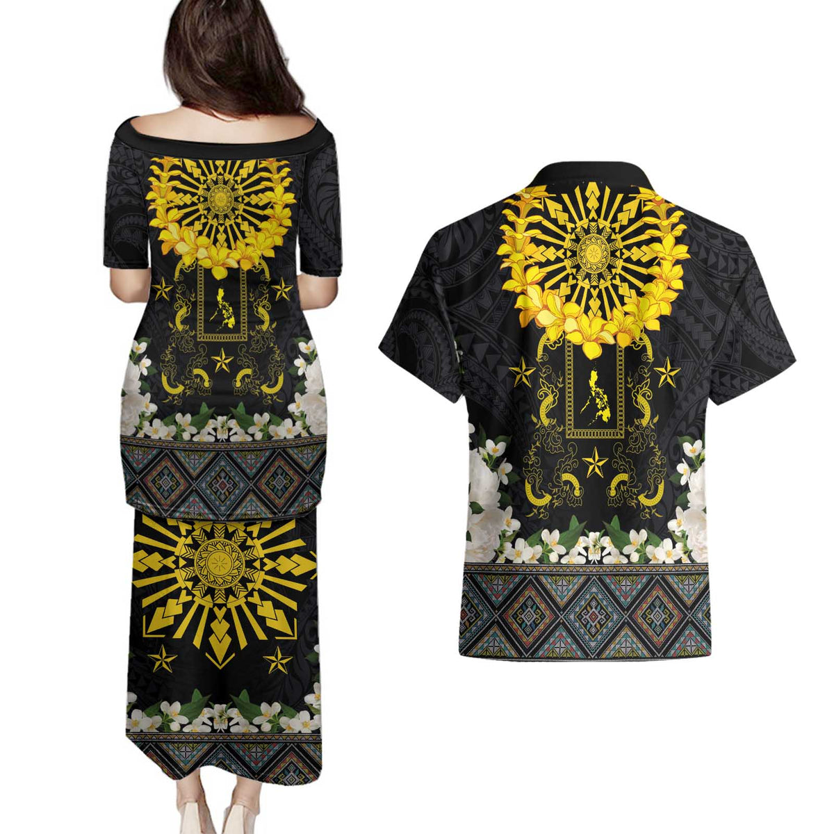 Flores de Mayo and Filipino Fiesta Couples Matching Puletasi and Hawaiian Shirt The Sun-Jasmine and Polynesian Yakan Tattoo Barong Style
