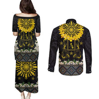 Flores de Mayo and Filipino Fiesta Couples Matching Puletasi and Long Sleeve Button Shirt The Sun-Jasmine and Polynesian Yakan Tattoo Barong Style