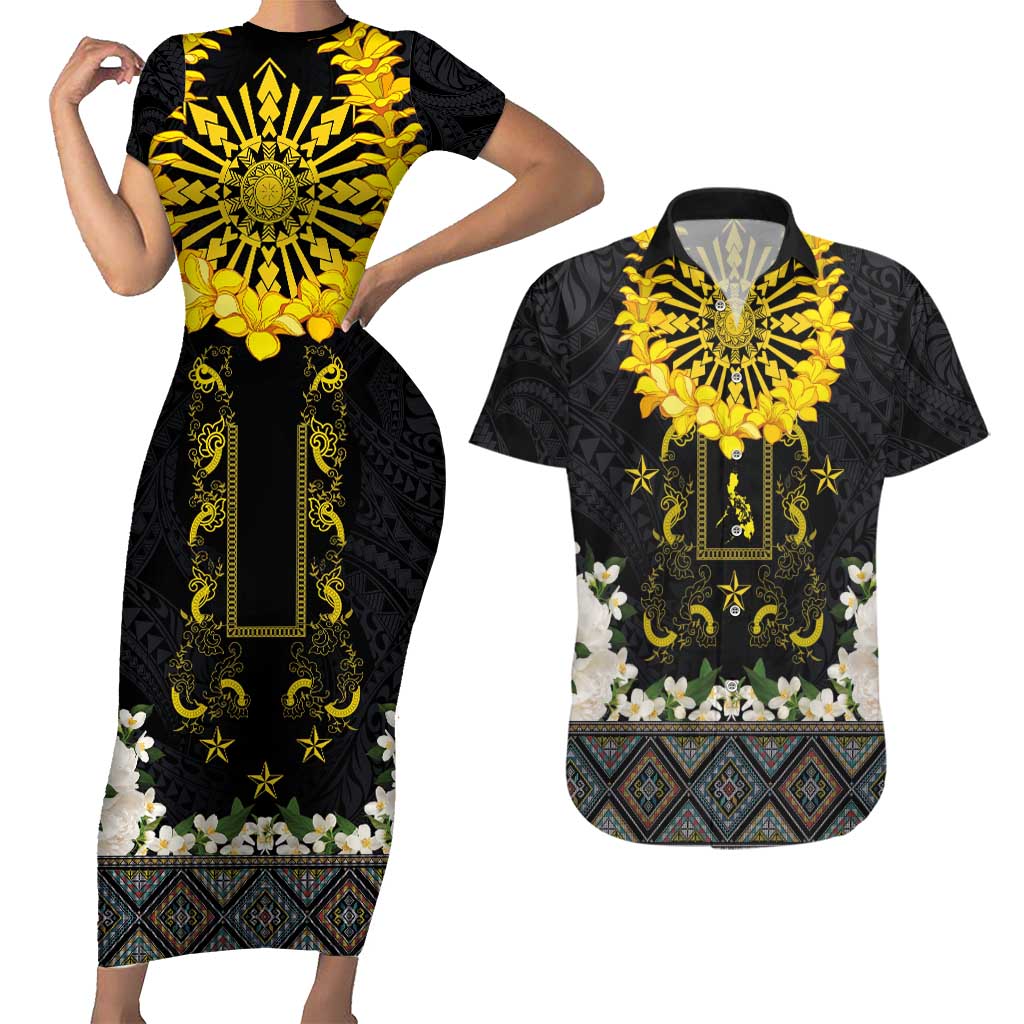 Flores de Mayo and Filipino Fiesta Couples Matching Short Sleeve Bodycon Dress and Hawaiian Shirt The Sun-Jasmine and Polynesian Yakan Tattoo Barong Style LT03 Black - Polynesian Pride