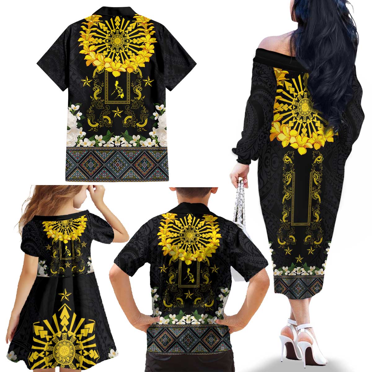 Flores de Mayo and Filipino Fiesta Family Matching Off The Shoulder Long Sleeve Dress and Hawaiian Shirt The Sun-Jasmine and Polynesian Yakan Tattoo Barong Style