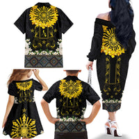 Flores de Mayo and Filipino Fiesta Family Matching Off The Shoulder Long Sleeve Dress and Hawaiian Shirt The Sun-Jasmine and Polynesian Yakan Tattoo Barong Style