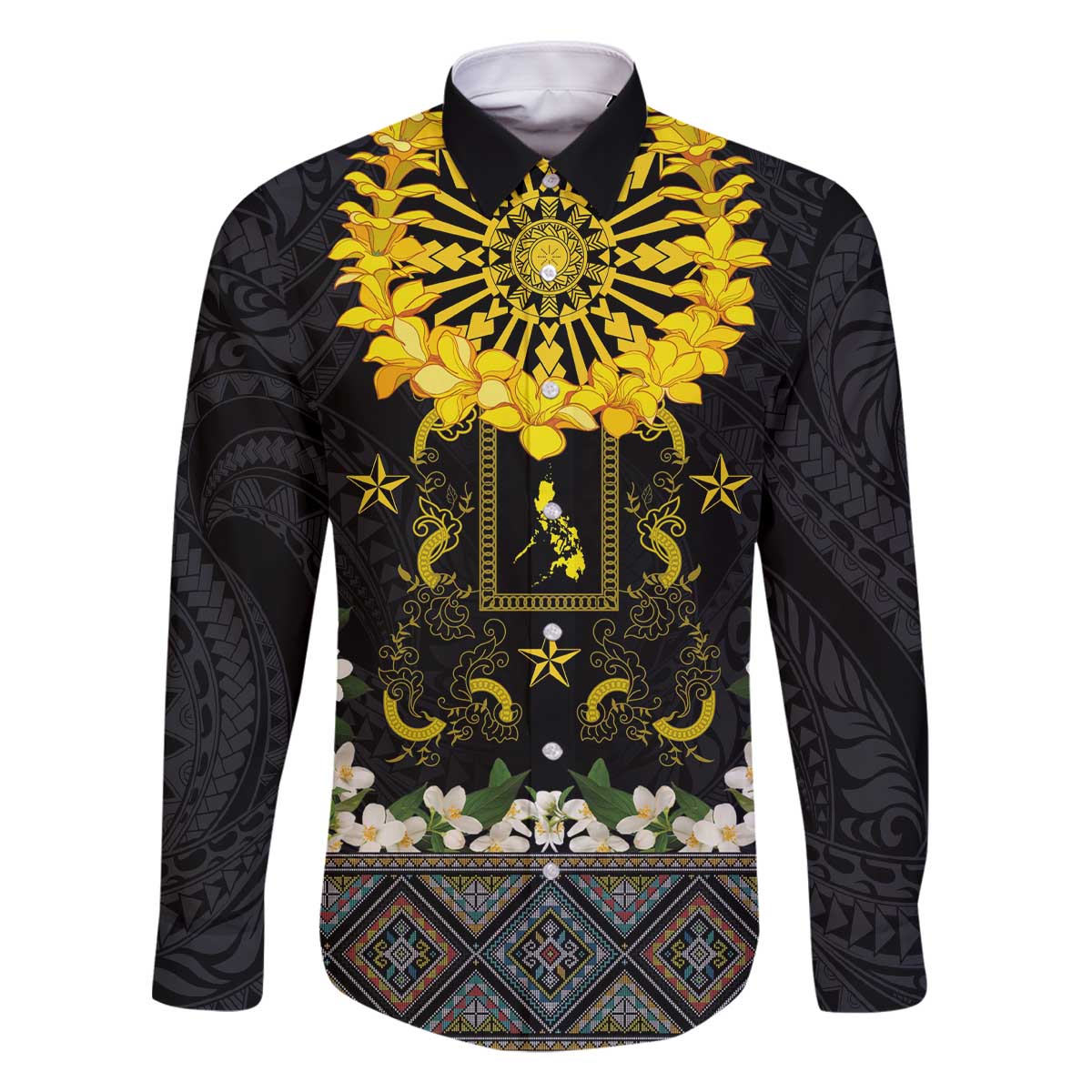 Flores de Mayo and Filipino Fiesta Family Matching Off The Shoulder Long Sleeve Dress and Hawaiian Shirt The Sun-Jasmine and Polynesian Yakan Tattoo Barong Style