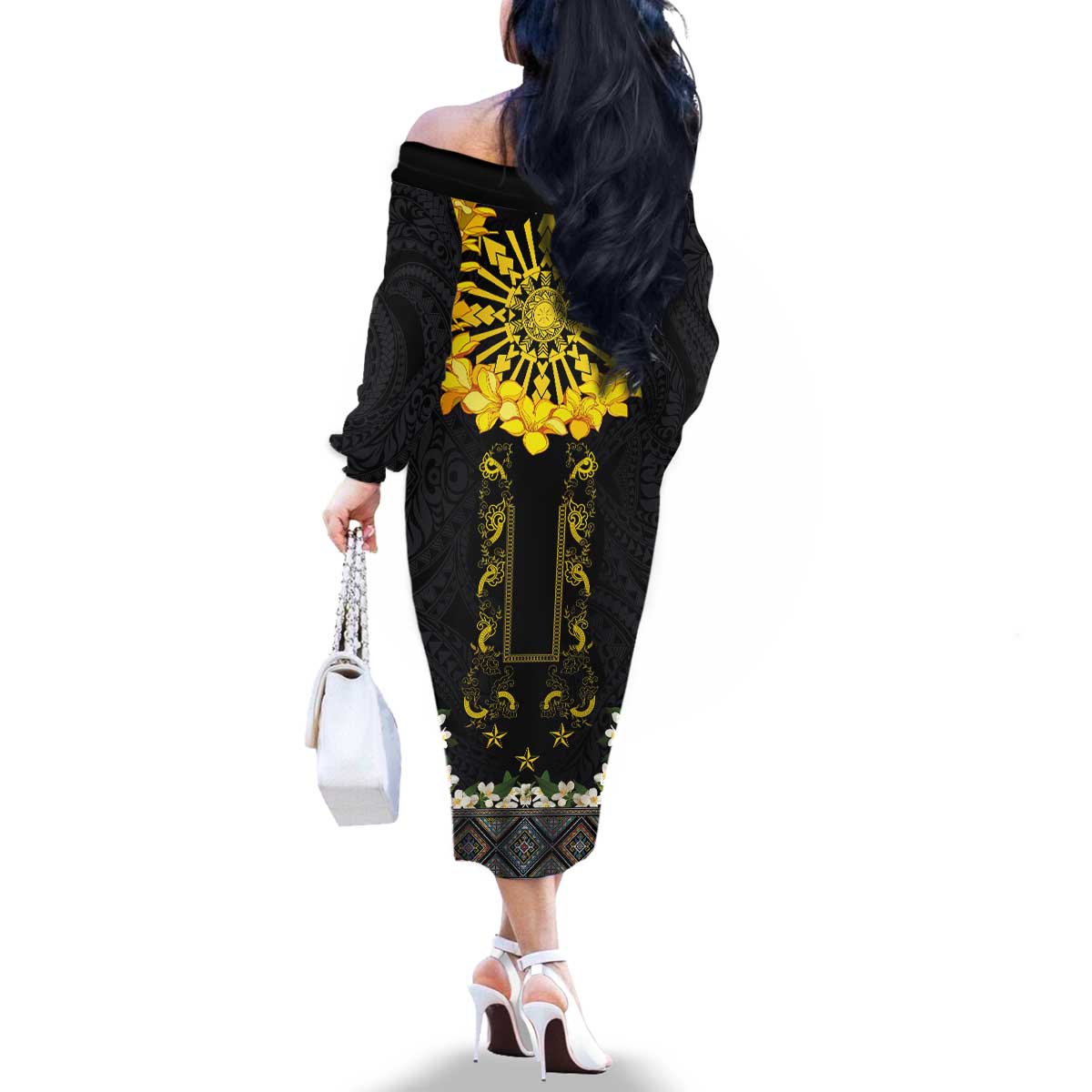 Flores de Mayo and Filipino Fiesta Family Matching Off The Shoulder Long Sleeve Dress and Hawaiian Shirt The Sun-Jasmine and Polynesian Yakan Tattoo Barong Style