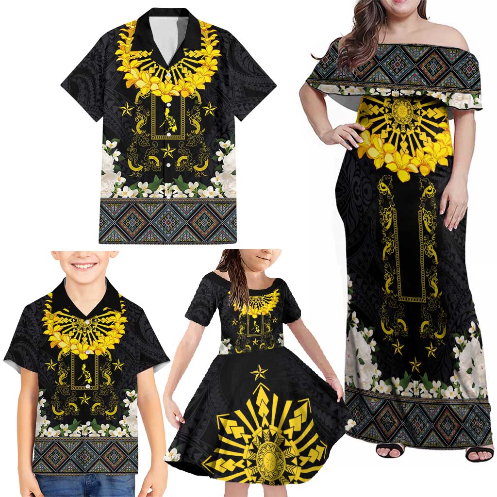 Flores de Mayo and Filipino Fiesta Family Matching Off Shoulder Maxi Dress and Hawaiian Shirt The Sun-Jasmine and Polynesian Yakan Tattoo Barong Style