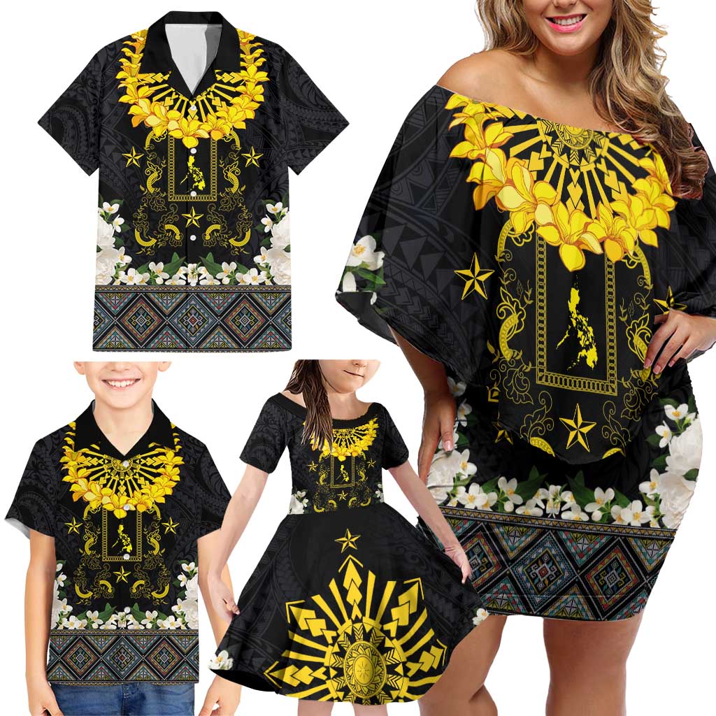 Flores de Mayo and Filipino Fiesta Family Matching Off Shoulder Short Dress and Hawaiian Shirt The Sun-Jasmine and Polynesian Yakan Tattoo Barong Style