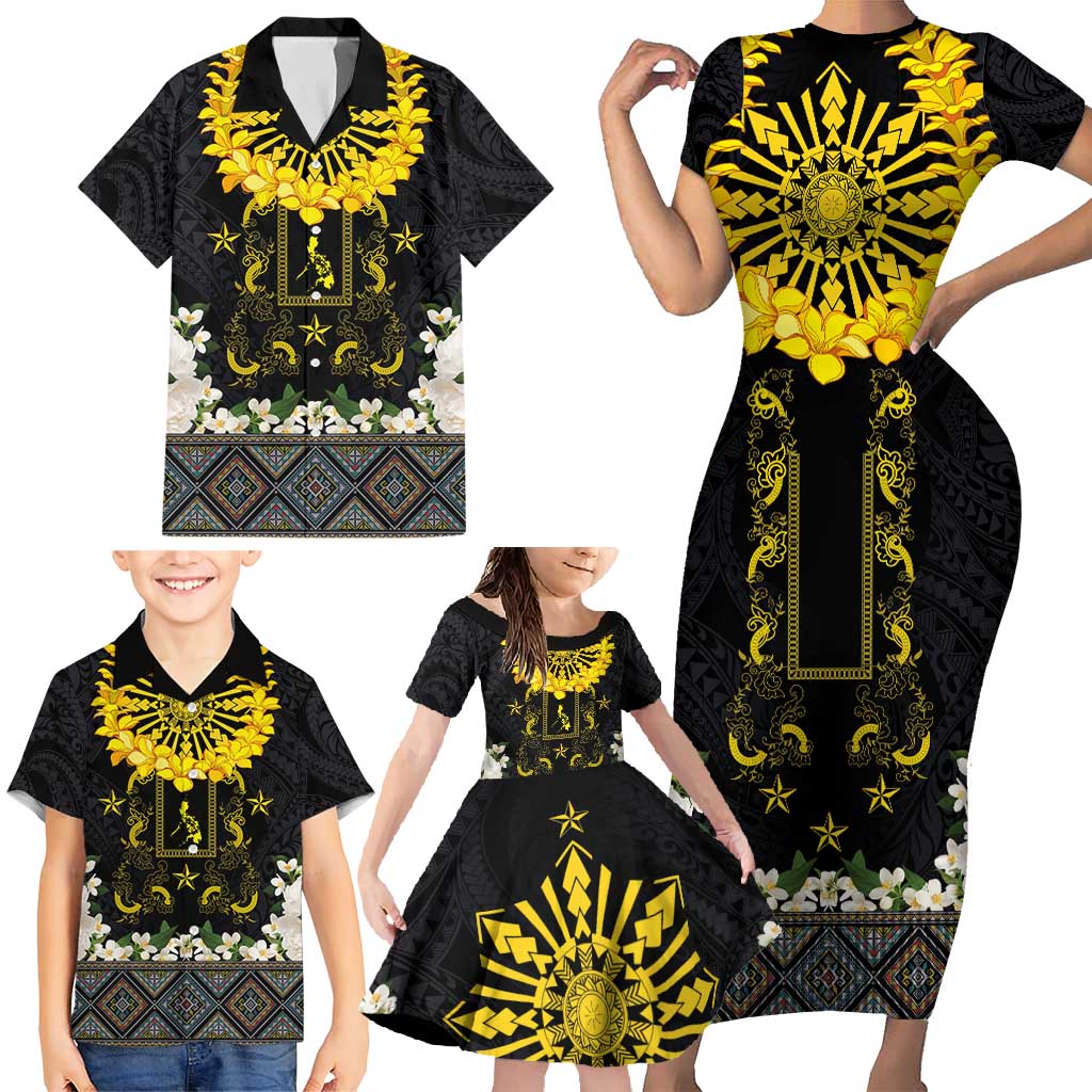 Flores de Mayo and Filipino Fiesta Family Matching Short Sleeve Bodycon Dress and Hawaiian Shirt The Sun-Jasmine and Polynesian Yakan Tattoo Barong Style