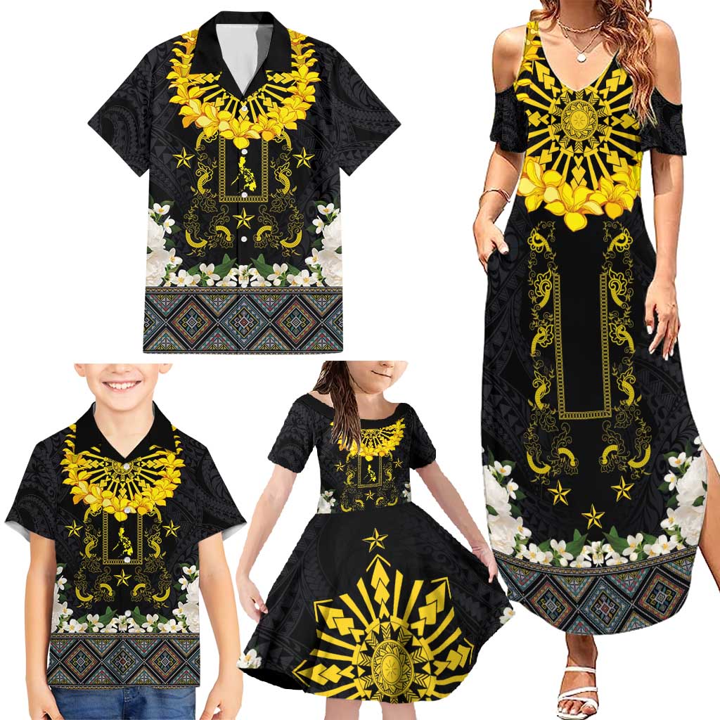 Flores de Mayo and Filipino Fiesta Family Matching Summer Maxi Dress and Hawaiian Shirt The Sun-Jasmine and Polynesian Yakan Tattoo Barong Style