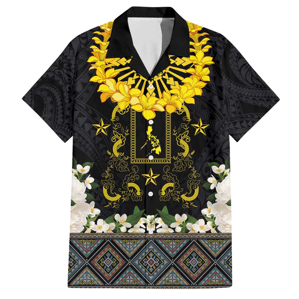 Flores de Mayo and Filipino Fiesta Hawaiian Shirt The Sun-Jasmine and Polynesian Yakan Tattoo Barong Style LT03 Black - Polynesian Pride