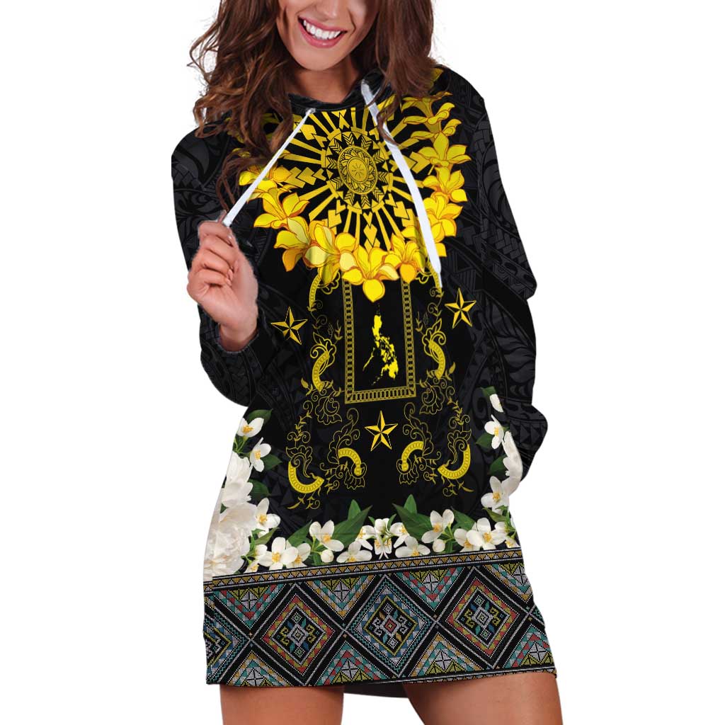 Flores de Mayo and Filipino Fiesta Hoodie Dress The Sun-Jasmine and Polynesian Yakan Tattoo Barong Style LT03 Black - Polynesian Pride