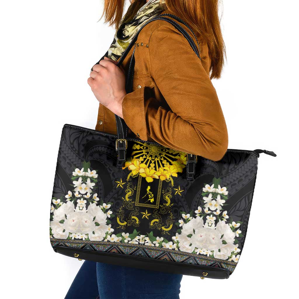 Flores de Mayo and Filipino Fiesta Leather Tote Bag The Sun-Jasmine and Polynesian Yakan Tattoo Barong Style
